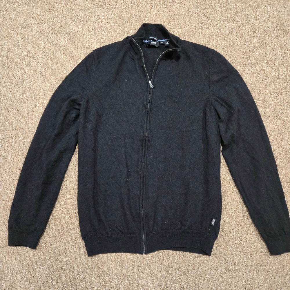 Hugo Boss Baldemario-D Sweater Mens Medium Black Merino‎ Wool Full Zip Slim Fit
